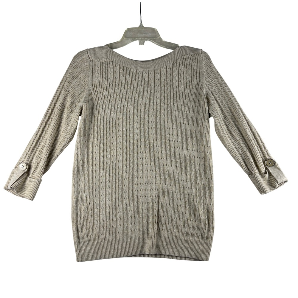 Karen Scott Sweater Womens M Cable‎ Knit Boat Neck Cotton 3/4 Sleeve Button Cuff